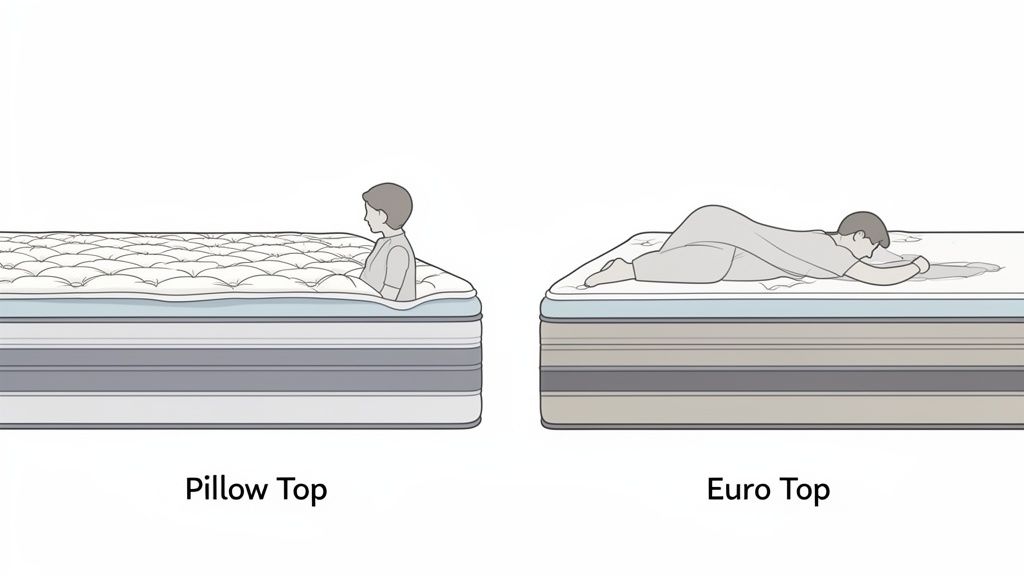 Illustration comparing Pillow Top and Euro Top mattresses, highlighting integrated versus separate plush tops.