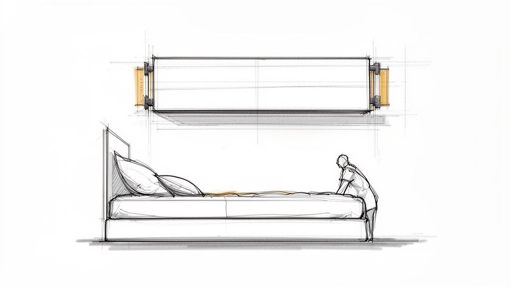 Detailed sketch illustrating a bed design with a headboard and its wall mounting system.