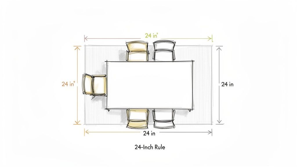Top-down view of a dining table and chairs, illustrating the 24-inch rule for proper spacing.