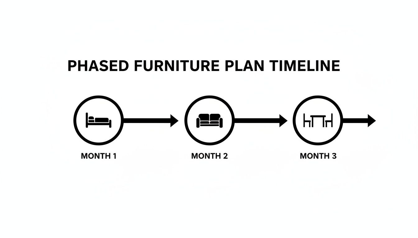 A phased furniture plan timeline showing bedroom, living room, and dining room furniture over three months.
