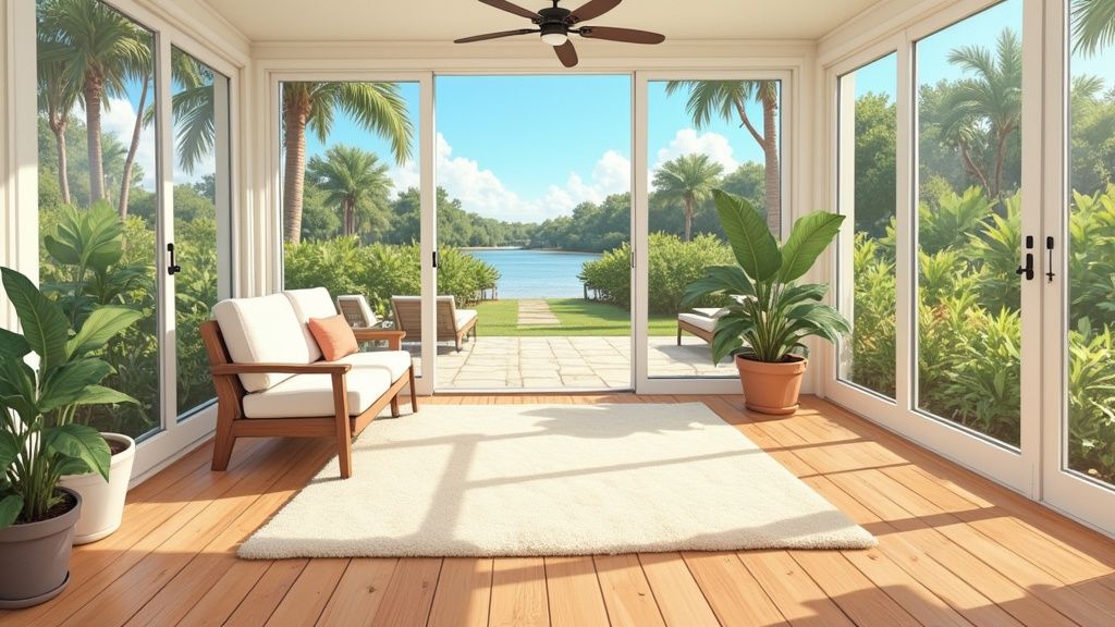 A bright Florida room with large windows showing a lush green backyard, decorated with a wicker sofa and chairs.