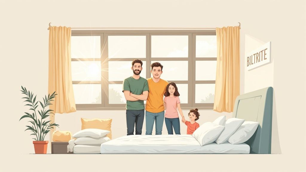 Two happy men, a young girl, and a toddler stand with a new mattress in a bright room.