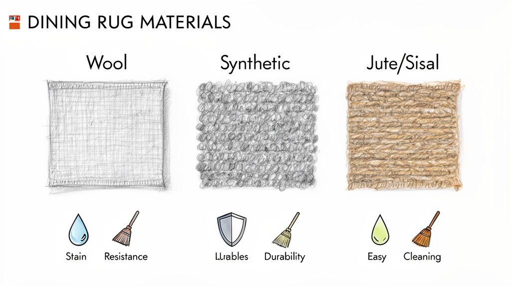 Comparison of dining rug materials: Wool for stain resistance, Synthetic for durability, and Jute/Sisal for easy cleaning.