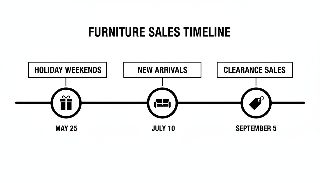 A timeline showing optimal furniture sales: May 25 (holiday), July 10 (new arrivals), and September 5 (clearance).