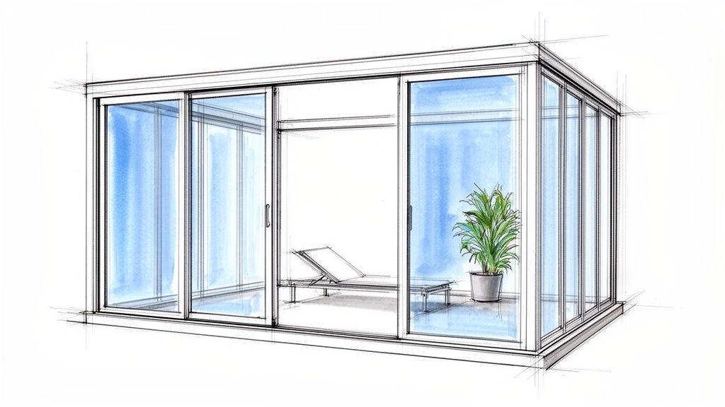 Architectural sketch of a modern glass sunroom or deck enclosure with sliding doors, a lounge chair, and a plant.