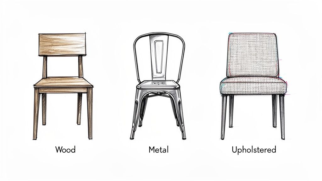 Three illustrations showcasing different dining chair materials: wood, metal, and upholstered options.