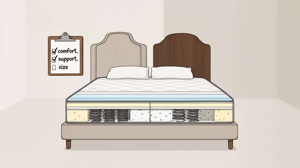 An illustration shows a mattress cross-section on a bed with two headboards and pillows, and a checklist for comfort and support.