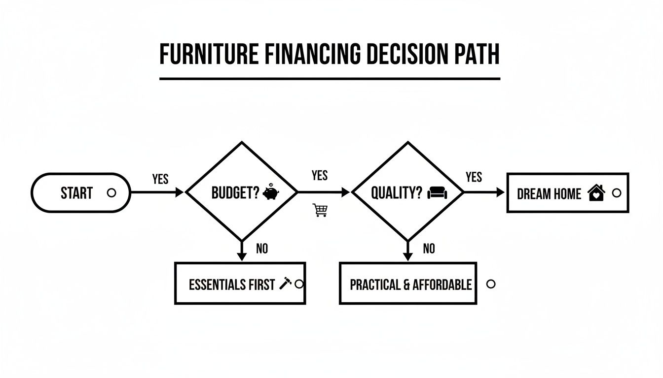 A flowchart illustrates the furniture financing decision path, considering budget and quality for home furnishings.