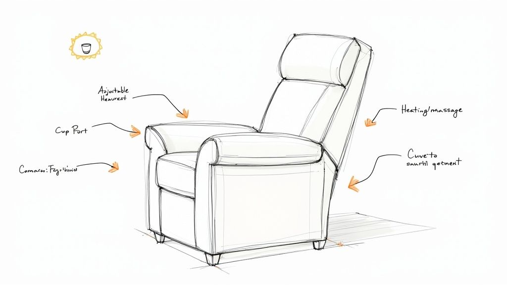 A close-up of a power recliner's control panel, showing buttons for headrest, lumbar, and USB port.