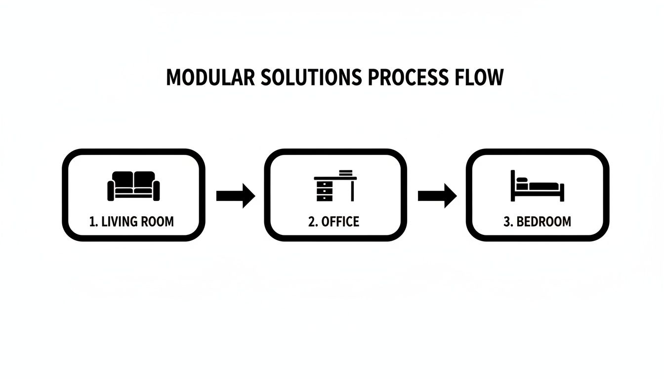A modular solutions process flow diagram showing steps for living room, office, and bedroom.
