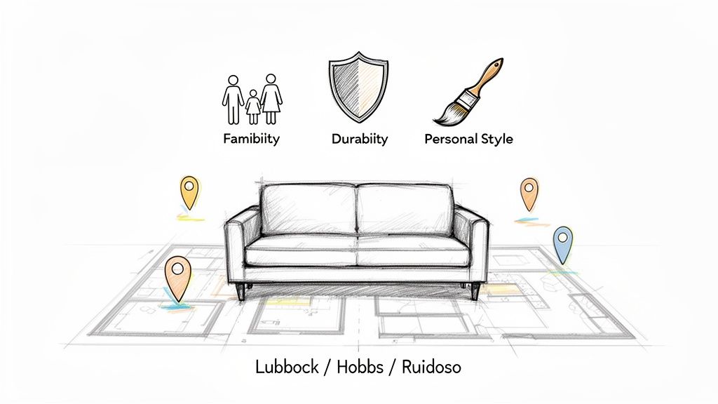 Sketch of a sofa on a floor plan, with icons for famibility, durability, and personal style.