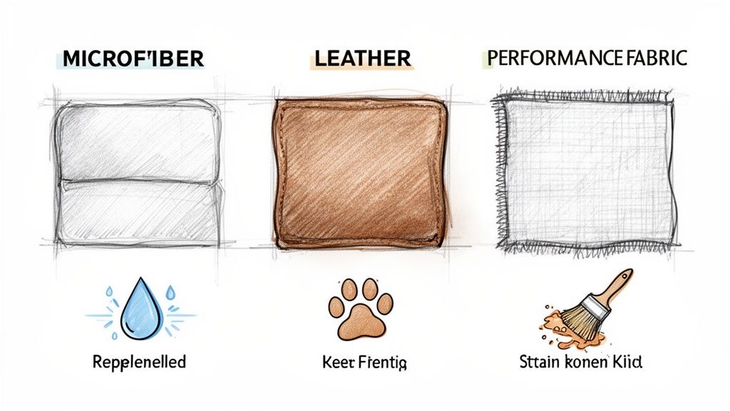 Illustration of microfiber (water repellent), leather (pet-friendly), and performance fabric (stain-resistant) properties for upholstery.