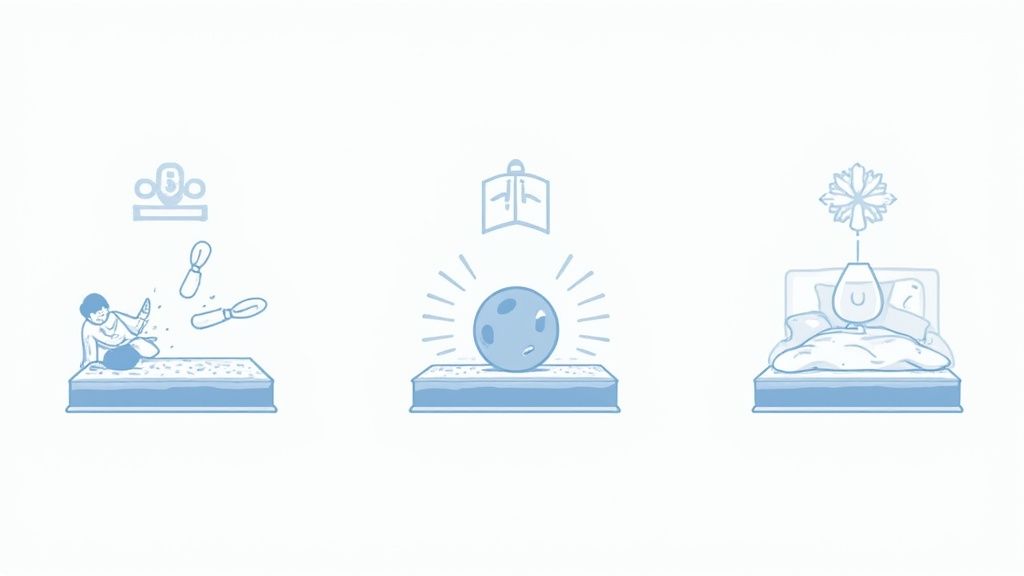 A person sleeping soundly on a comfortable mattress in a well-lit bedroom.