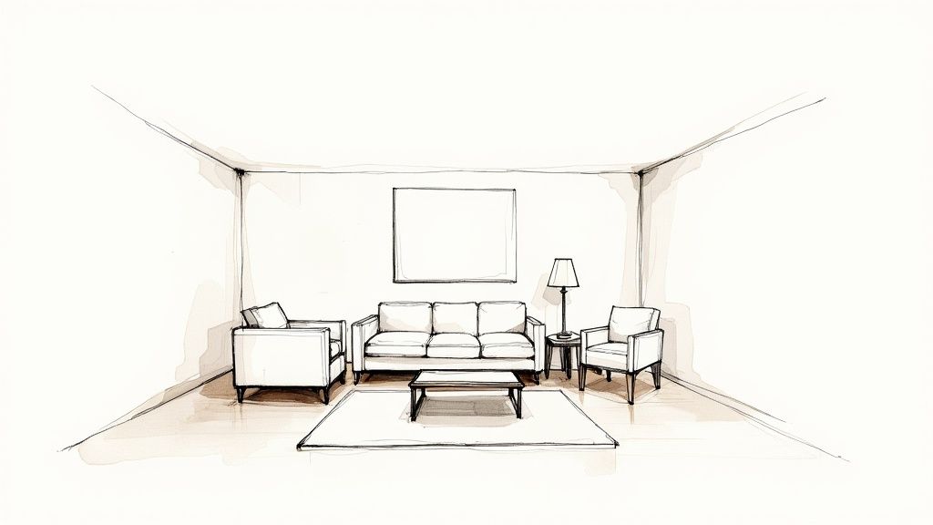 A well-arranged living room with a sofa, accent chairs, and a coffee table centered on an area rug, creating an inviting atmosphere.