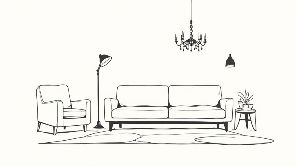 A well-lit living room with a large area rug defining the seating area, showcasing how lighting and rugs create a cohesive look.