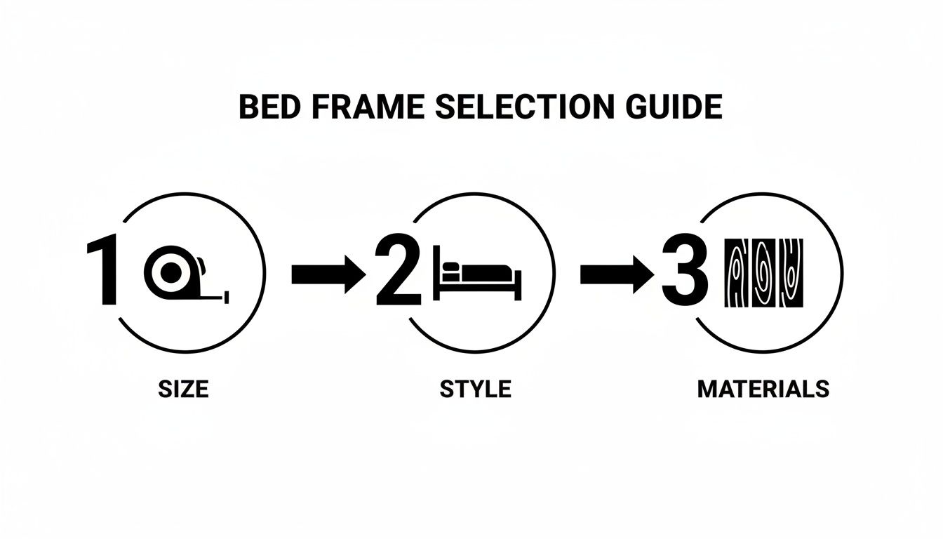 A bed frame selection guide with three steps: 1. Size (measuring tape), 2. Style (bed), 3. Materials (wood).