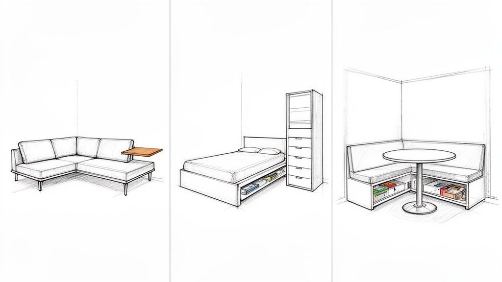 Line drawings showing clever furniture solutions for small spaces, including a sofa, bed, and dining nook with storage.