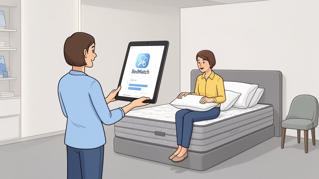 A woman helps a customer choose a mattress and pillow using a digital BedMatch tool.