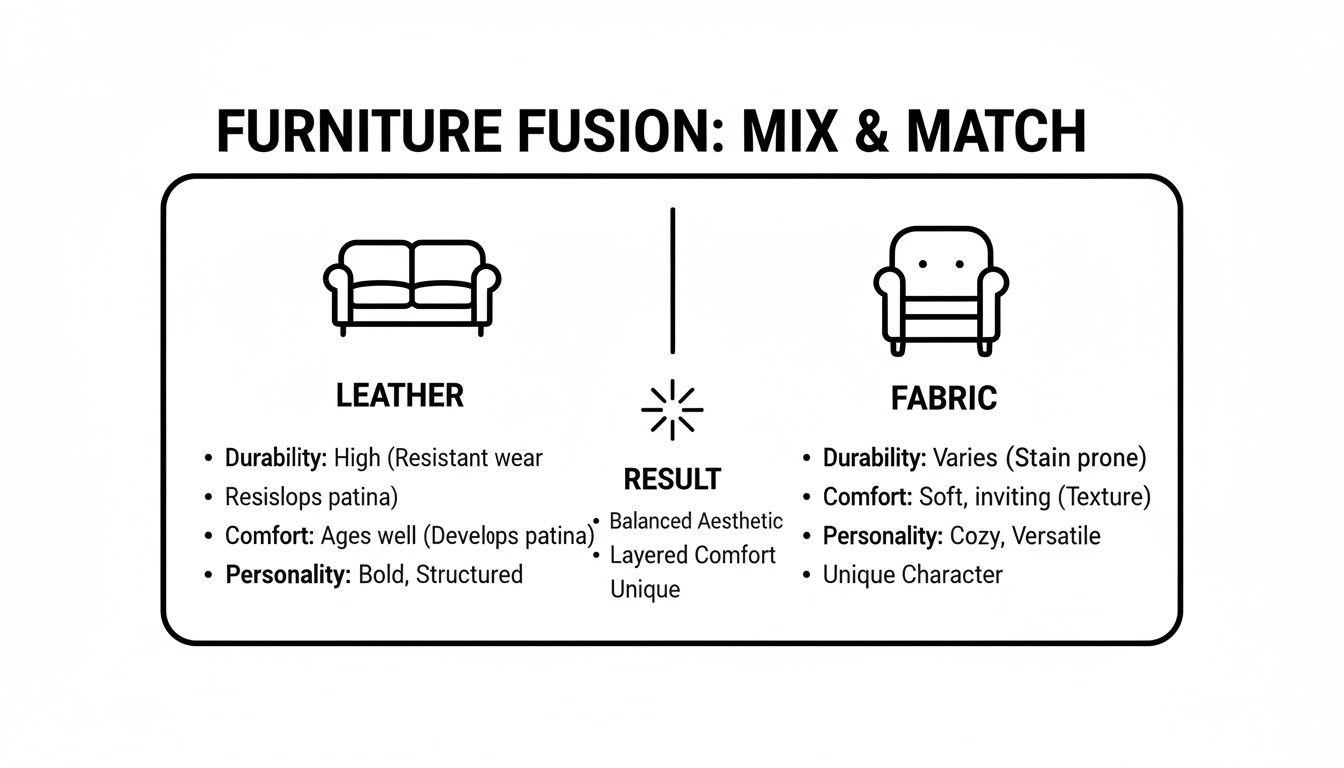 A diagram comparing leather and fabric furniture attributes, highlighting benefits of mixing them for a unique aesthetic.