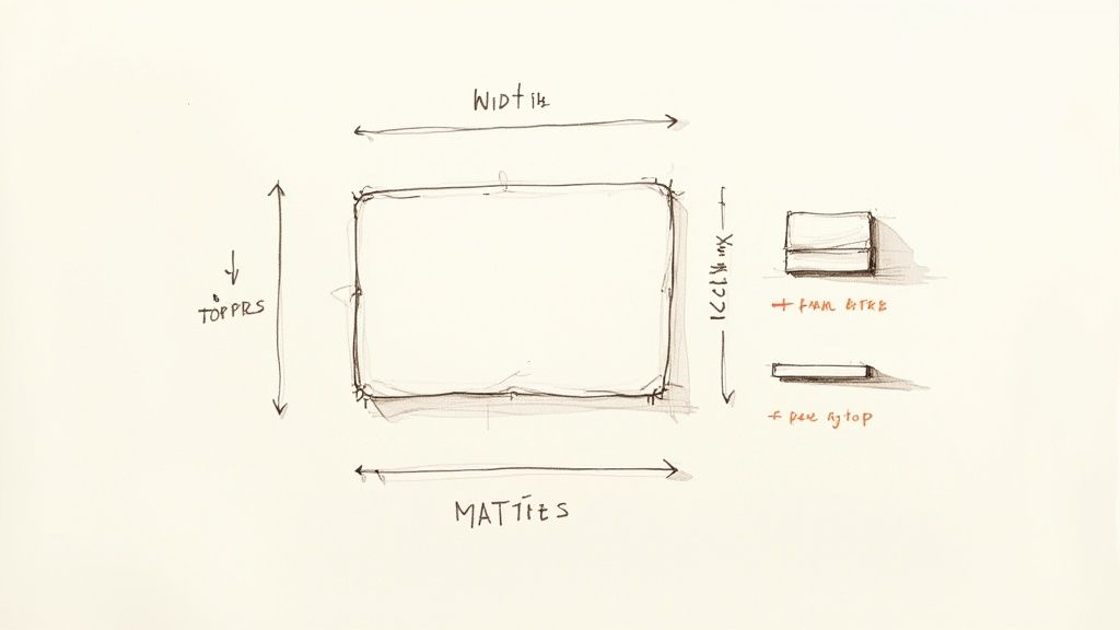 Technical diagram illustrating bed sheet measurements, showing width of toppers and matties, with details on foam, fiber, and latex layers.