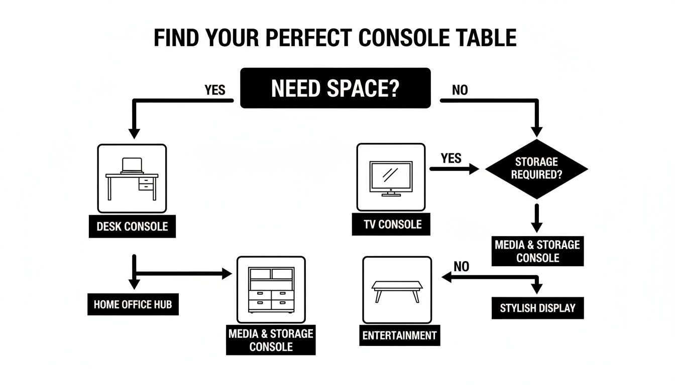 Flowchart guiding users to their perfect console table based on needs like space and storage.