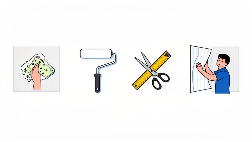 A visual guide illustrating tools and steps for installing wallpaper, including cleaning, cutting, and application.