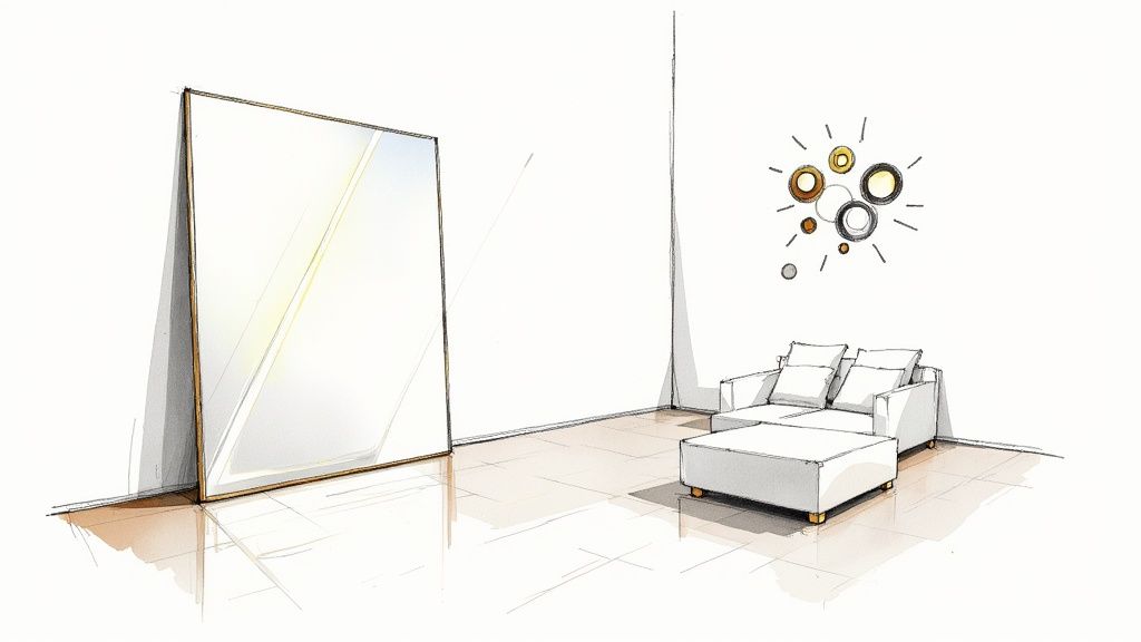 A modern watercolor sketch of a minimalist living room with a large mirror, white sofa, and unique wall decor.