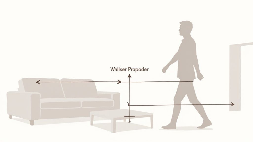 A comfortable living room layout with ample space for walking between the sofa, chairs, and coffee table.