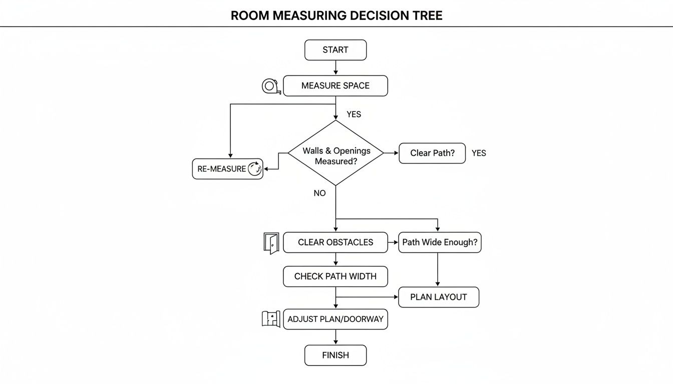 A flowchart detailing the room measuring decision process, including steps like measuring space, checking walls and openings, clearing obstacles, and adjusting the layout.
