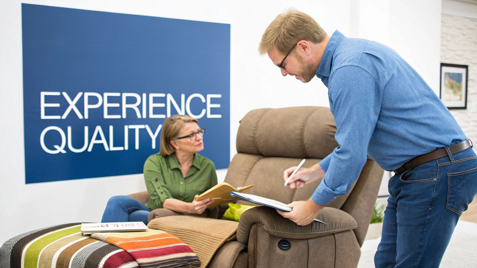A salesperson helps a customer choose furniture in a showroom with fabric samples and a 'EXPERIENCE QUALITY' sign.