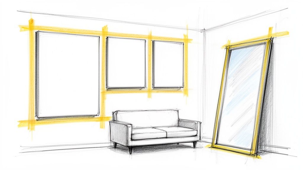 Pencil sketch of an interior with three large wall frames, a two-seater couch, and a tall floor mirror.