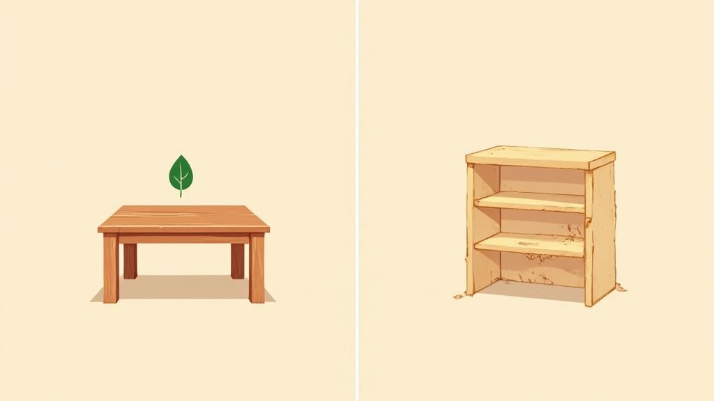 A minimalist image featuring a simple wooden table with a green leaf and a three-shelf wooden unit.