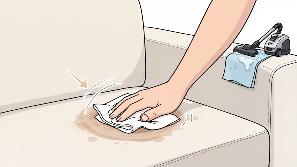 A hand is dabbing a brown stain on a beige sofa with a white cloth, a vacuum nearby.