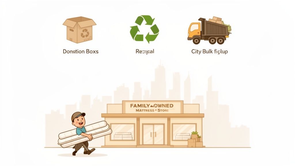 Illustration of a mattress store with options for old mattress donation, recycling, and city bulk pickup.