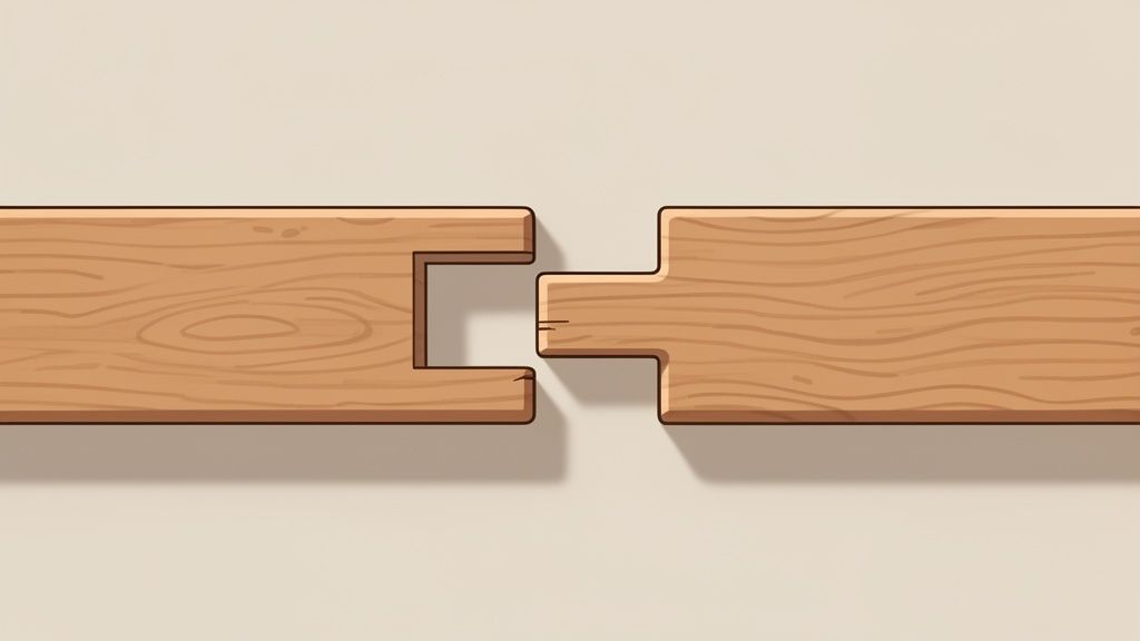 A close-up illustration of a mortise and tenon wood joint, ready for assembly.