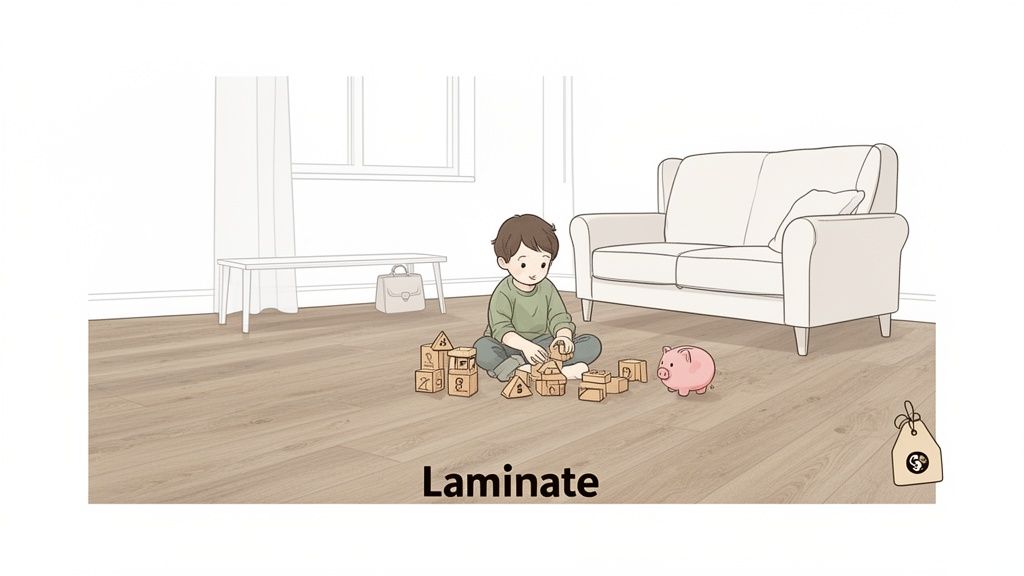 A cartoon boy plays with building blocks on a light brown laminate floor in a cozy room.