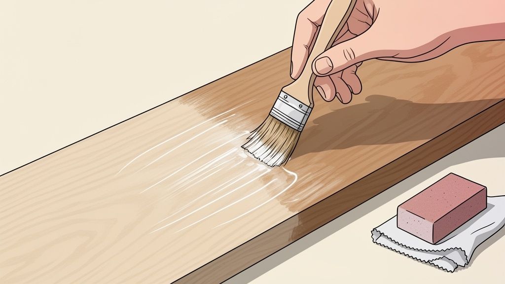 A hand applies a clear finish or glue to a light brown wooden board using a paintbrush. A sanding block rests on a cloth nearby.