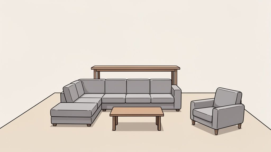A minimalist illustration of a living room with a grey sectional sofa, coffee table, and armchair.