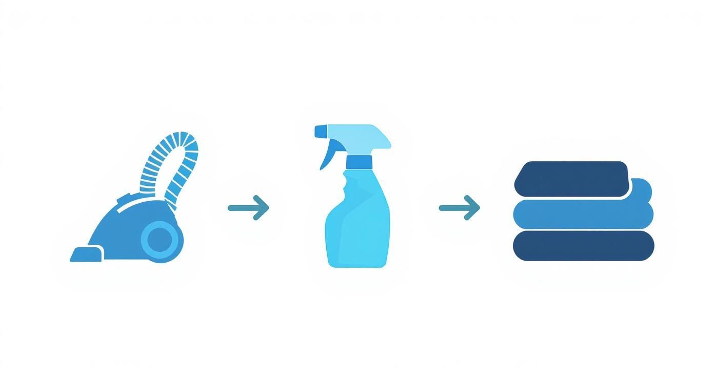 A graphic depicting a cleaning process with a vacuum cleaner, spray bottle, and folded towels.
