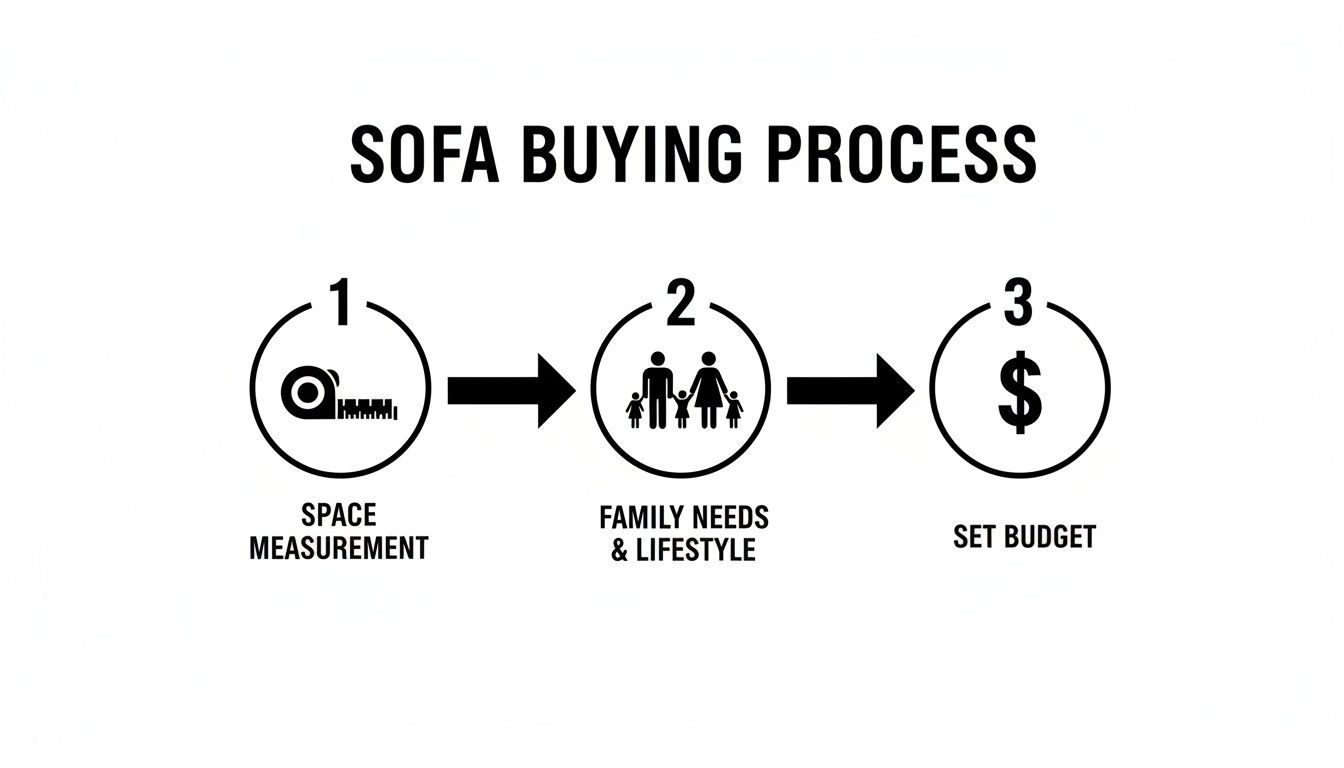 Visual guide outlining the three steps in a sofa buying process, including measuring space, considering family needs, and setting a budget.