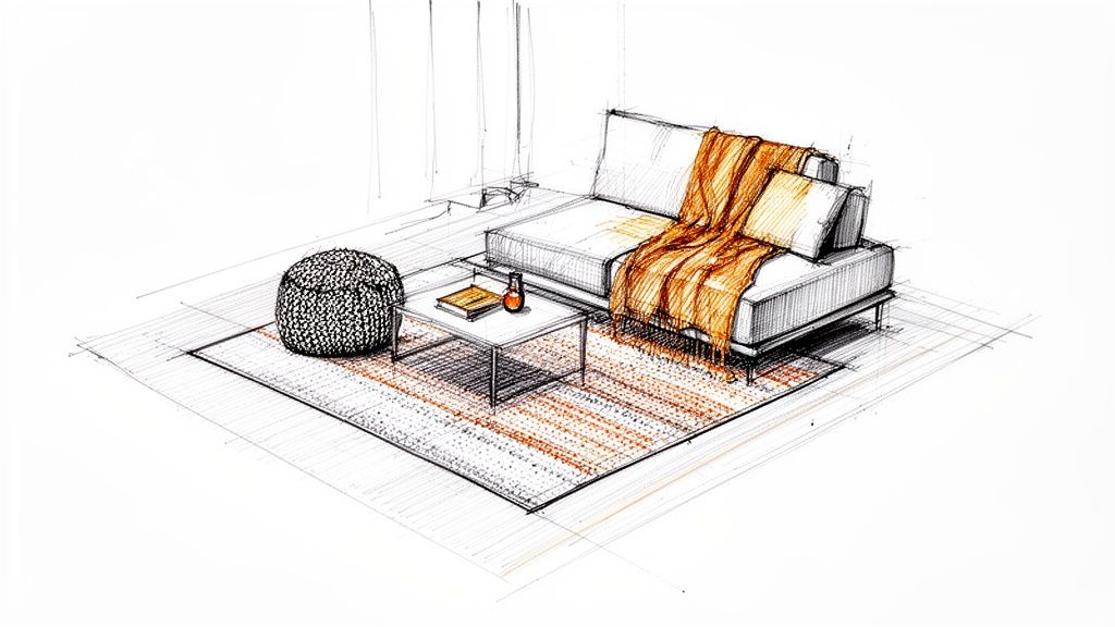 A hand-drawn sketch of a small living room with a modern sofa, orange throw, coffee table, and pouf.