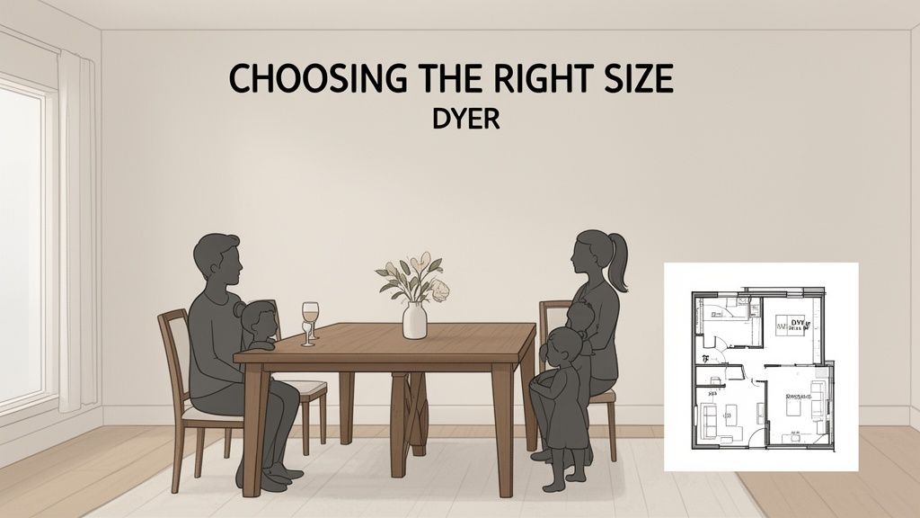 Family dining at a table, with a floor plan and text 'Choosing the Right Size Dyer'.