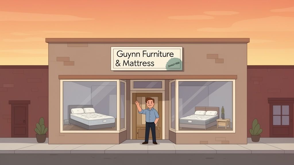 A friendly cartoon man waving outside Guynn Furniture & Mattress store, displaying beds.