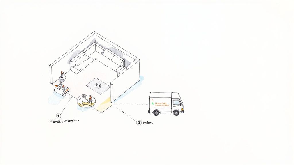 An illustrative diagram showing a room being furnished with essentials and a delivery van.