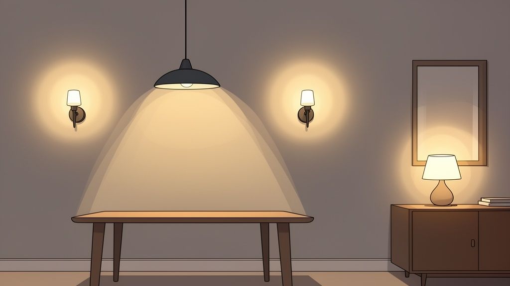 A warm dining room scene with various lighting fixtures illuminating a table and side cabinet.