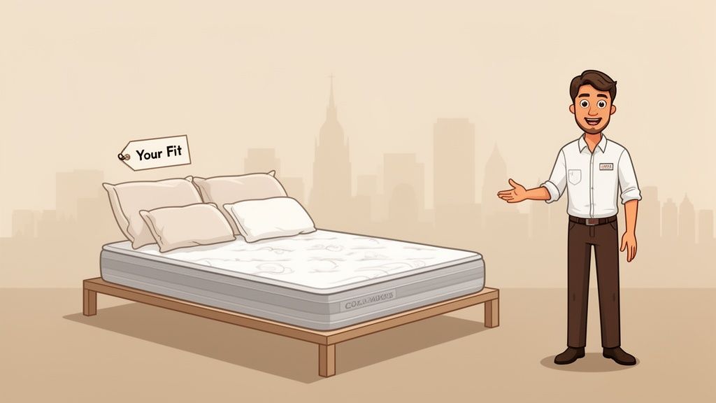 A cheerful cartoon man gestures towards a new mattress and pillows on a bed frame, highlighting "Your Fit".