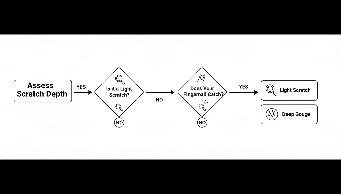 A flowchart guides users to assess scratch depth, classifying them as light scratches or deep gouges.
