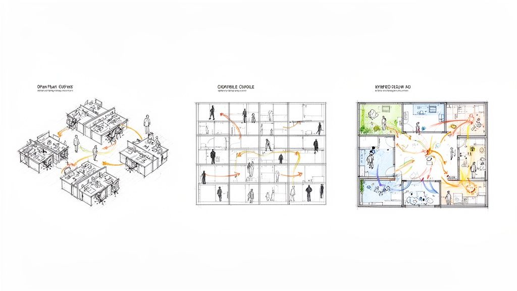 Architectural diagrams illustrating three distinct office space layouts: open plan, composable, and hybrid design with movement patterns.