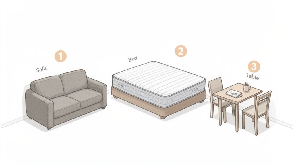 An illustration showing a sofa, a bed, and a dining table with two chairs, suitable for a first apartment.