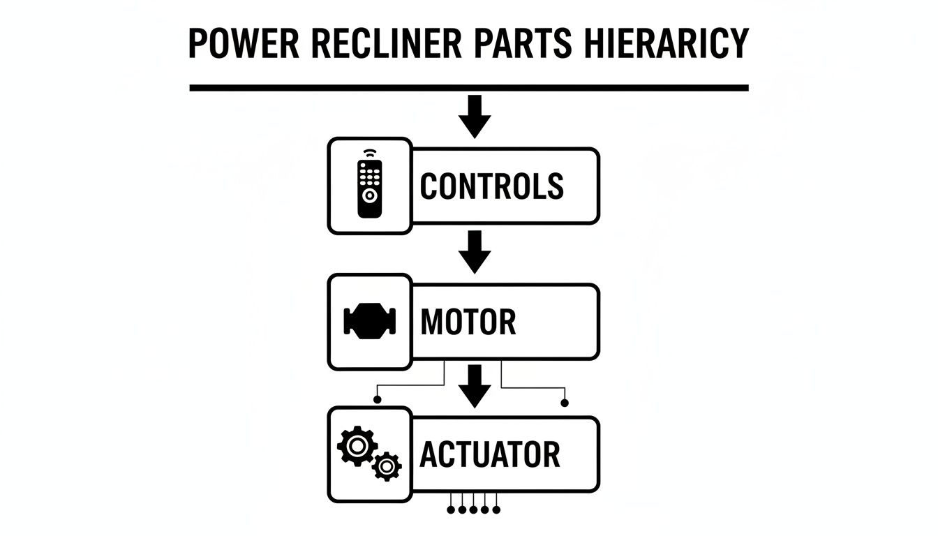 Hierarchy diagram illustrating power recliner components: Controls, Motor, and Actuator, with directional arrows.